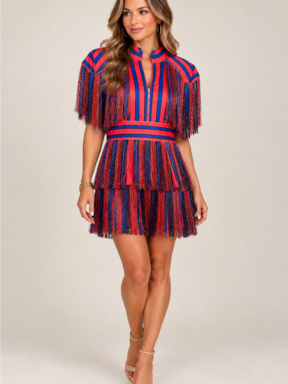 Fringe Tiered Mini Dress in Red & Blue